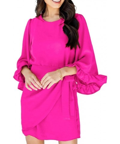 Womens Spring Tie Waist Ruched Bodycon Dress 3/4 Ruffle Sleeve Crew Neck Belted Wrap Mini Dress Hot Pink 9 $8.82 Dresses