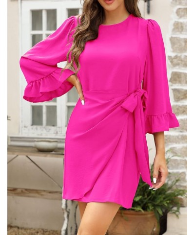 Womens Spring Tie Waist Ruched Bodycon Dress 3/4 Ruffle Sleeve Crew Neck Belted Wrap Mini Dress Hot Pink 9 $8.82 Dresses