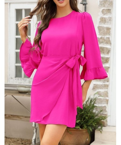 Womens Spring Tie Waist Ruched Bodycon Dress 3/4 Ruffle Sleeve Crew Neck Belted Wrap Mini Dress Hot Pink 9 $8.82 Dresses