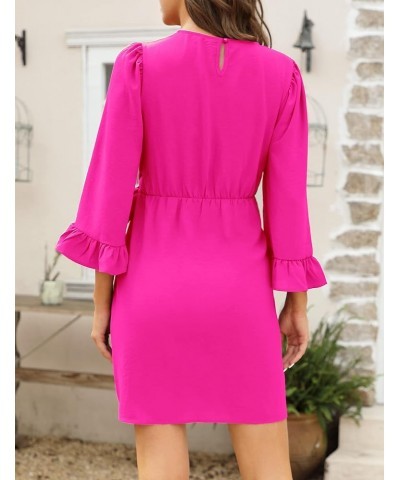 Womens Spring Tie Waist Ruched Bodycon Dress 3/4 Ruffle Sleeve Crew Neck Belted Wrap Mini Dress Hot Pink 9 $8.82 Dresses