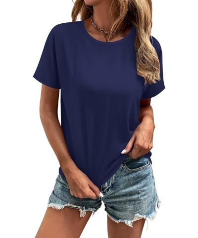 Women's T Shirts Short Sleeve Round Neck Summer Casual Tops Soft Solid Basic Tee Navy $10.19 T-Shirts