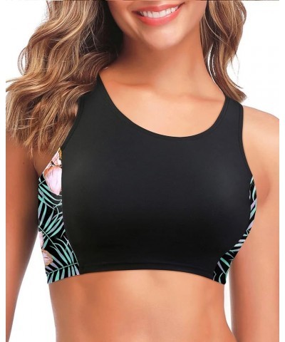 Women Sports Bra Swimsuit Top High Neck Bikini Top Racerback Swim Crop Top Padded Bathing Suits Top Black Floral $11.60 Swims...