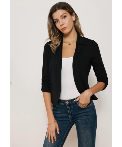 Women Business Casual Cropped Blazer Jacket Open Front Cotton Cardigan Black(ruched Sleeve) $17.22 Blazers