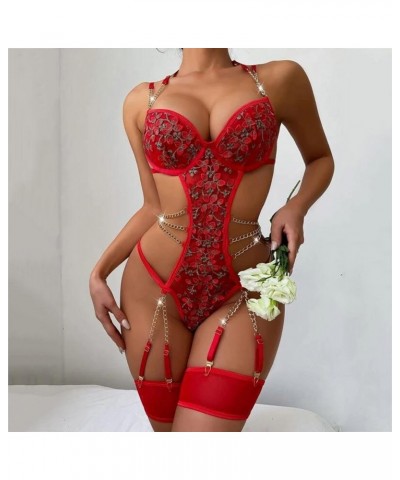 Womens Lingerie, Women Valentine's Day Lingerie Sets with Garter Belt 3 Piece Lace Teddy Babydoll Bodysuit Z8-red $5.21 Under...