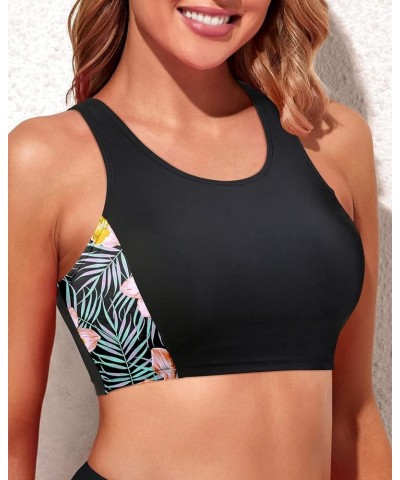 Women Sports Bra Swimsuit Top High Neck Bikini Top Racerback Swim Crop Top Padded Bathing Suits Top Black Floral $11.60 Swims...