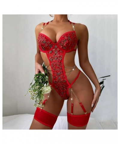 Womens Lingerie, Women Valentine's Day Lingerie Sets with Garter Belt 3 Piece Lace Teddy Babydoll Bodysuit Z8-red $5.21 Under...