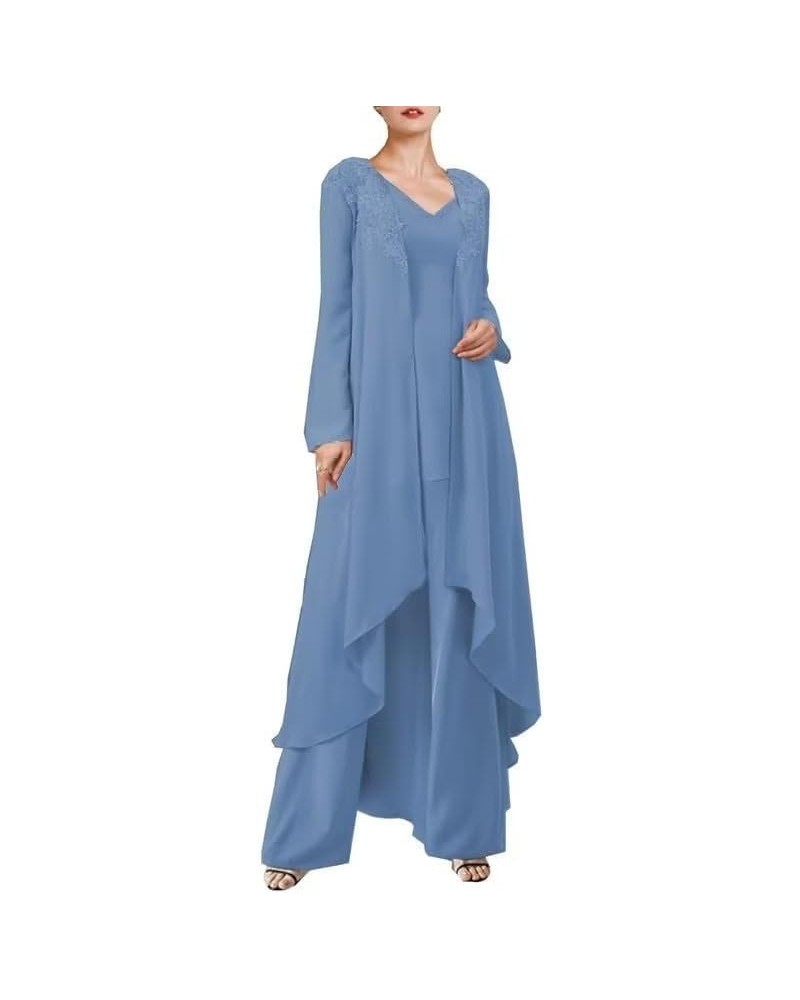 3 Pieces Mother of The Bride Pant Suits with Long Jackets Chiffon Wedding Guest Pants Outfit Steel Blue $35.69 Suits