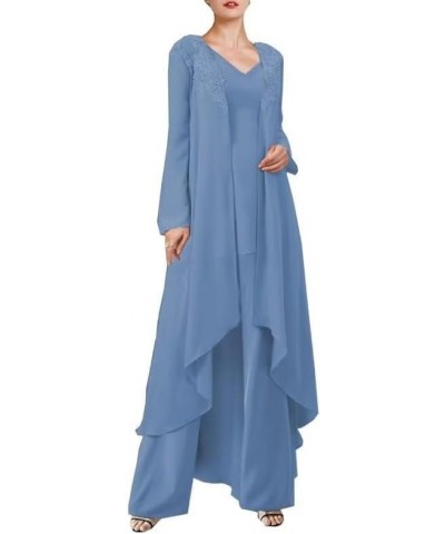 3 Pieces Mother of The Bride Pant Suits with Long Jackets Chiffon Wedding Guest Pants Outfit Steel Blue $35.69 Suits