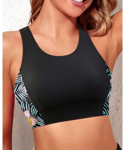 Women Sports Bra Swimsuit Top High Neck Bikini Top Racerback Swim Crop Top Padded Bathing Suits Top Black Floral $11.60 Swims...