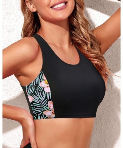 Women Sports Bra Swimsuit Top High Neck Bikini Top Racerback Swim Crop Top Padded Bathing Suits Top Black Floral $11.60 Swims...