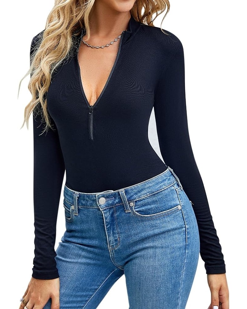 Bodysuit for Women Long Sleeve V Neck Zipper Slim Fit Stretchy Tops T Shirts. Black $13.99 Lingerie