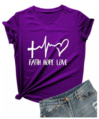 Women's V-Neck Summer Casual Letters Printed Short Sleeves Graphic T-Shirt Purple $10.06 T-Shirts