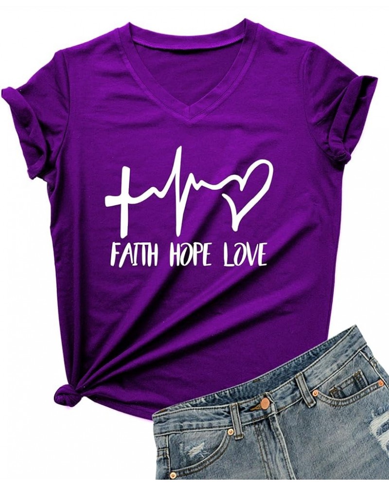 Women's V-Neck Summer Casual Letters Printed Short Sleeves Graphic T-Shirt Purple $10.06 T-Shirts