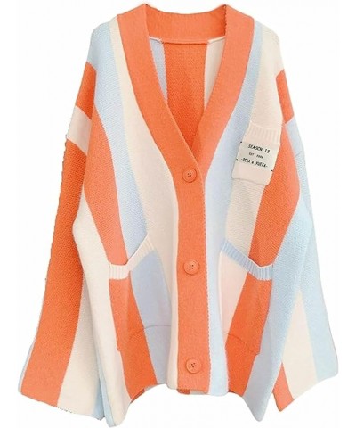 Womens Long Sleeve Cable Knitted Color Block Boho Striped Sweater Cardigans for Early Spring,Fall or Winter Rainbow Orange $1...