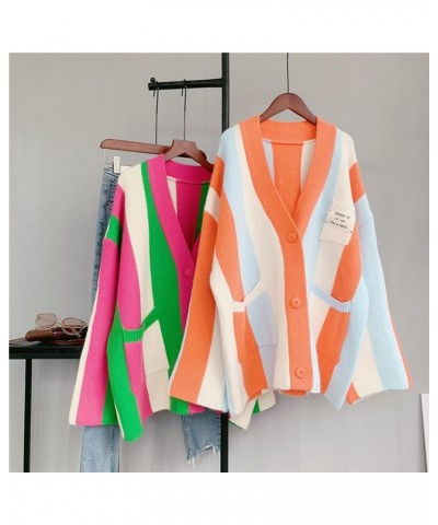 Womens Long Sleeve Cable Knitted Color Block Boho Striped Sweater Cardigans for Early Spring,Fall or Winter Rainbow Orange $1...