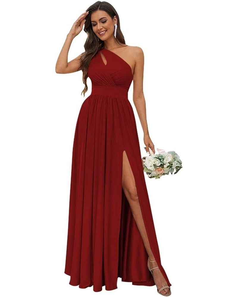 Stretchy One Shoulder Bridesmaid Dresses for Women 2024 Long Silk Satin Formal Dresses with Slit SYYS356 Wine Red $29.15 Dresses