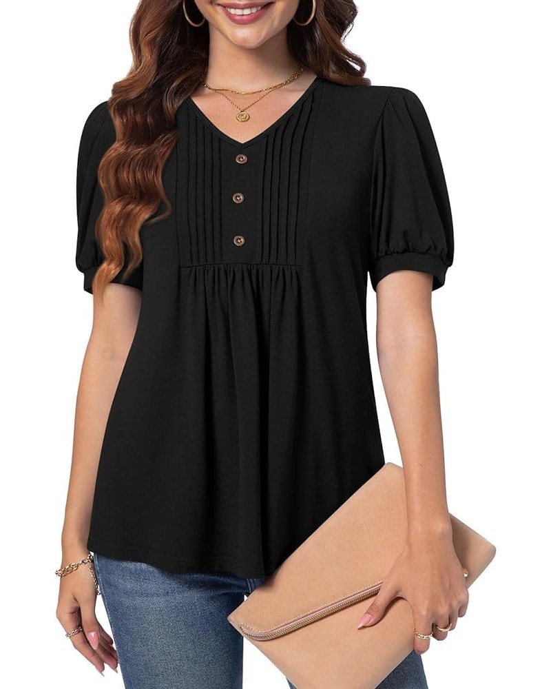 Women's Puff Short Sleeve Tunic Tops Dressy V Neck Pleated Shirts Casual Work Blouses Puff Sleeve/Black $14.39 Tops