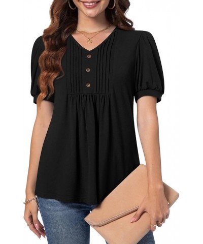 Women's Puff Short Sleeve Tunic Tops Dressy V Neck Pleated Shirts Casual Work Blouses Puff Sleeve/Black $14.39 Tops