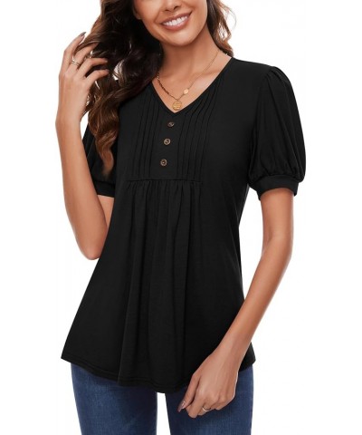 Women's Puff Short Sleeve Tunic Tops Dressy V Neck Pleated Shirts Casual Work Blouses Puff Sleeve/Black $14.39 Tops