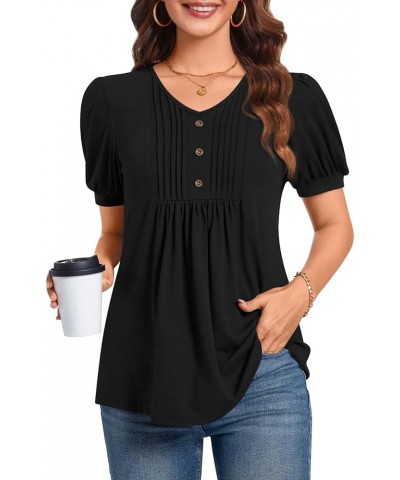 Women's Puff Short Sleeve Tunic Tops Dressy V Neck Pleated Shirts Casual Work Blouses Puff Sleeve/Black $14.39 Tops