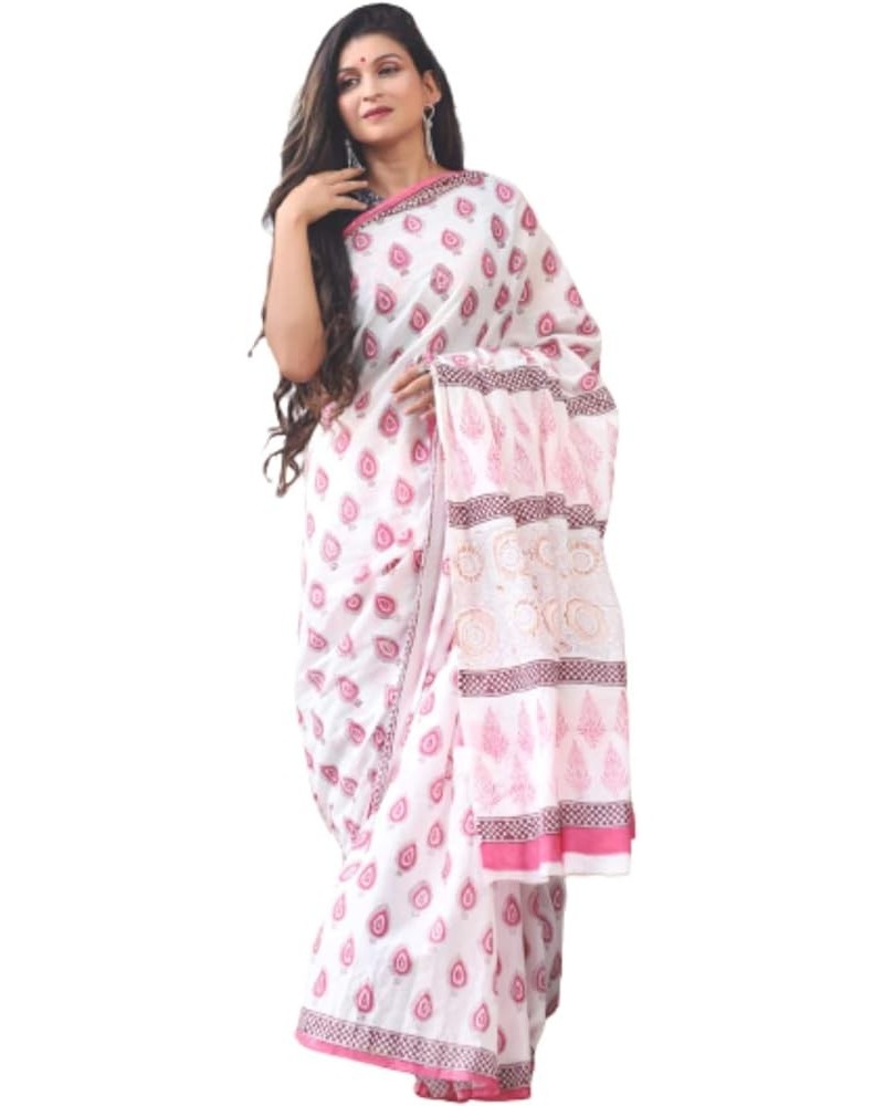 Ethnic Women Soft Hand block Cotton Designer Mulmul Saree Pink & White1 $29.39 Dresses