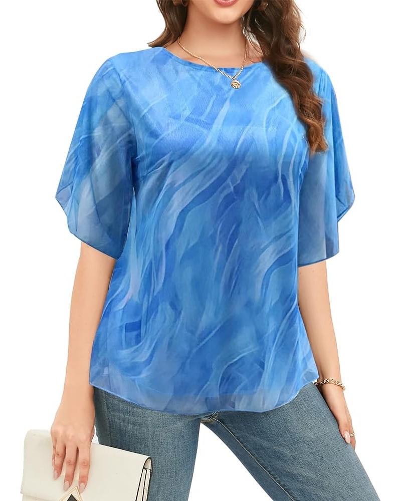 Womens Half Sleeve Layered Flowy Chiffon Blouses Round Neck Shirts Tops C03-pattern Sky Blue $9.50 Blouses