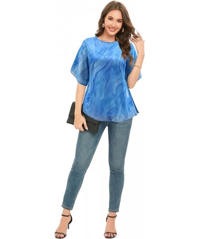 Womens Half Sleeve Layered Flowy Chiffon Blouses Round Neck Shirts Tops C03-pattern Sky Blue $9.50 Blouses