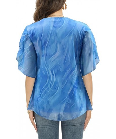 Womens Half Sleeve Layered Flowy Chiffon Blouses Round Neck Shirts Tops C03-pattern Sky Blue $9.50 Blouses