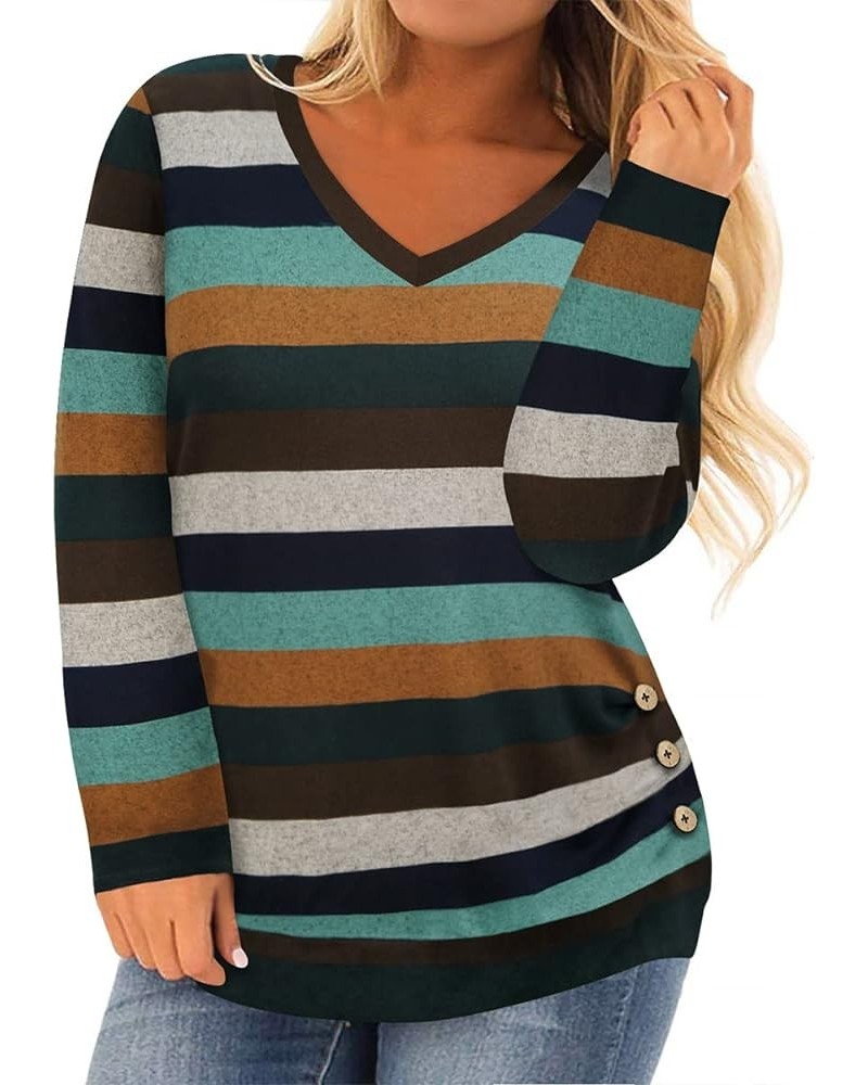 Plus Size Top for Womens Long Sleeve Shirt Casual Loose Tunic Fall Blouse 2022 XL-5XL A11e-blue Striped $15.11 Tops