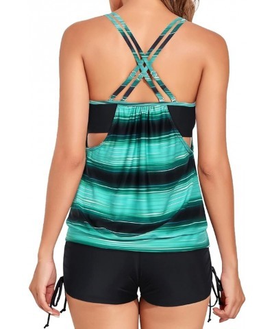 Women Tankini Swimsuits Two Piece Tummy Control Bathing Suits Blouson Swim Tank Top with Boy Shorts Black Green Striped $23.0...