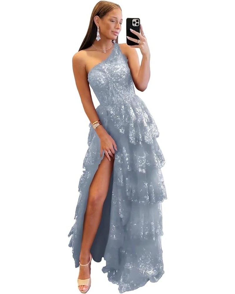 One Shoulder Lace Tulle Tiered Prom Dresses Sparkly Applique Long A Line Formal Evening Party Gowns Dusty Blue $49.39 Dresses