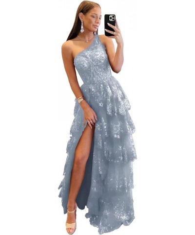 One Shoulder Lace Tulle Tiered Prom Dresses Sparkly Applique Long A Line Formal Evening Party Gowns Dusty Blue $49.39 Dresses