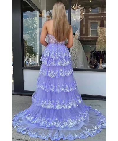 One Shoulder Lace Tulle Tiered Prom Dresses Sparkly Applique Long A Line Formal Evening Party Gowns Dusty Blue $49.39 Dresses