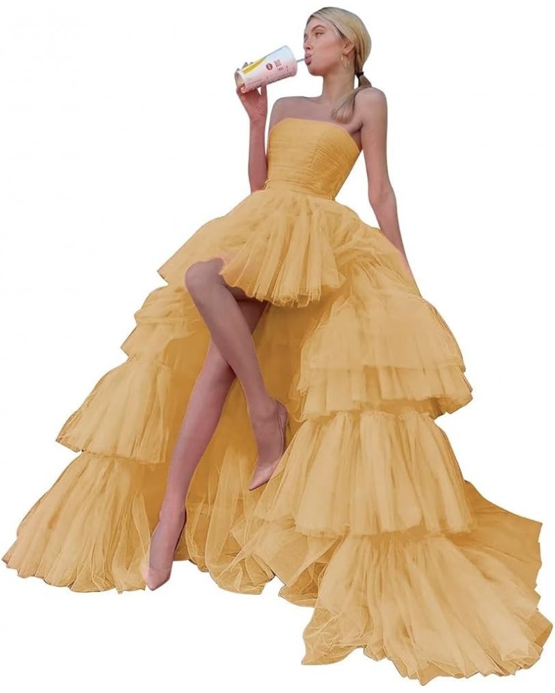 Strapless Tulle Long Prom Dresses Tiered Long for Women High Low Formal Evening Gowns Gold $38.33 Dresses