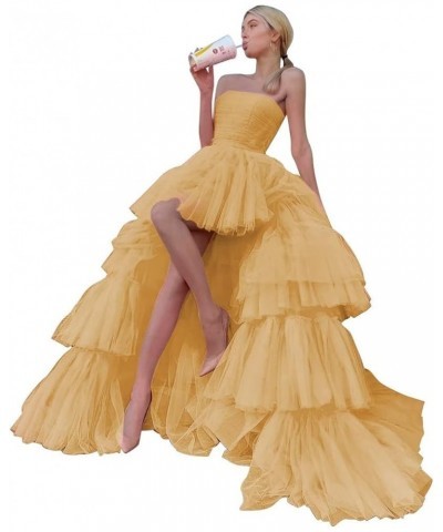 Strapless Tulle Long Prom Dresses Tiered Long for Women High Low Formal Evening Gowns Gold $38.33 Dresses