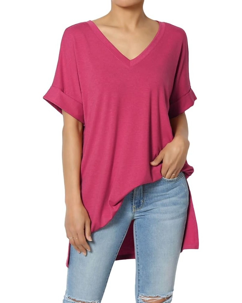 Women's Summer Casual V-Neck Rolled Short Sleeve Hi-Low Side Slit Tunic Top Tee Magenta $11.00 Tops