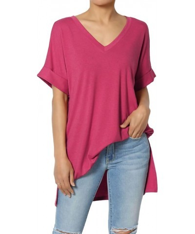 Women's Summer Casual V-Neck Rolled Short Sleeve Hi-Low Side Slit Tunic Top Tee Magenta $11.00 Tops