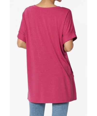 Women's Summer Casual V-Neck Rolled Short Sleeve Hi-Low Side Slit Tunic Top Tee Magenta $11.00 Tops