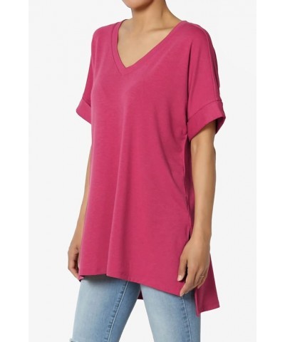 Women's Summer Casual V-Neck Rolled Short Sleeve Hi-Low Side Slit Tunic Top Tee Magenta $11.00 Tops