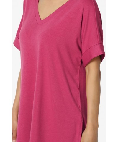 Women's Summer Casual V-Neck Rolled Short Sleeve Hi-Low Side Slit Tunic Top Tee Magenta $11.00 Tops