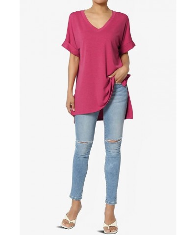 Women's Summer Casual V-Neck Rolled Short Sleeve Hi-Low Side Slit Tunic Top Tee Magenta $11.00 Tops