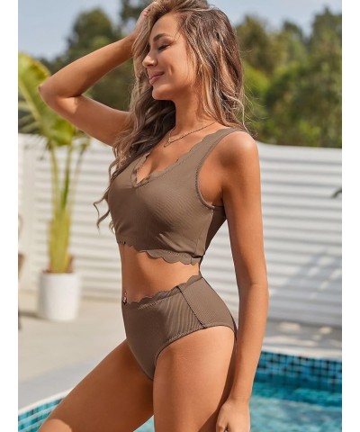 High Waisted Swimsuits for Women Scalloped Bikini Sets Back Lace-Up Tankini Sets Tummy Control 1-light Coffee $11.39 Swimsuits