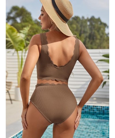 High Waisted Swimsuits for Women Scalloped Bikini Sets Back Lace-Up Tankini Sets Tummy Control 1-light Coffee $11.39 Swimsuits