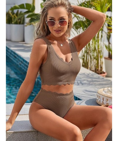 High Waisted Swimsuits for Women Scalloped Bikini Sets Back Lace-Up Tankini Sets Tummy Control 1-light Coffee $11.39 Swimsuits