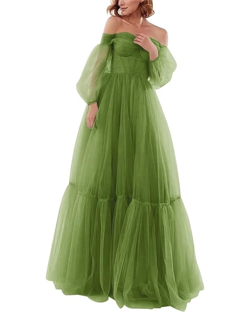 Off Shoulder Tulle Prom Dresses Puffy Sleeve Long Sweetheart A-Line Formal Evening Party Gowns Olive $38.22 Dresses