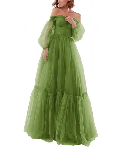 Off Shoulder Tulle Prom Dresses Puffy Sleeve Long Sweetheart A-Line Formal Evening Party Gowns Olive $38.22 Dresses