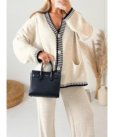 Women Casual Two Piece Knit Sweater Set Button Down Cardigan Sweater Knitted Embroidery Lounge Pants Set Beige $23.10 Sweaters