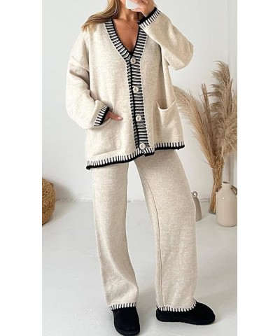 Women Casual Two Piece Knit Sweater Set Button Down Cardigan Sweater Knitted Embroidery Lounge Pants Set Beige $23.10 Sweaters