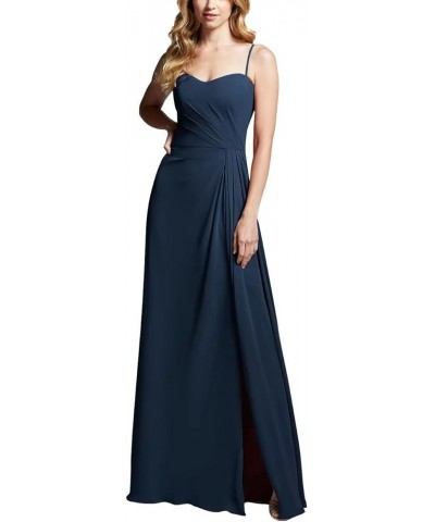 Spaghetti Straps Chiffon Bridesmaid Dresses Long with Slit Pleated A-Line Formal Wear for Women Wedding Party Navy $33.92 Dre...