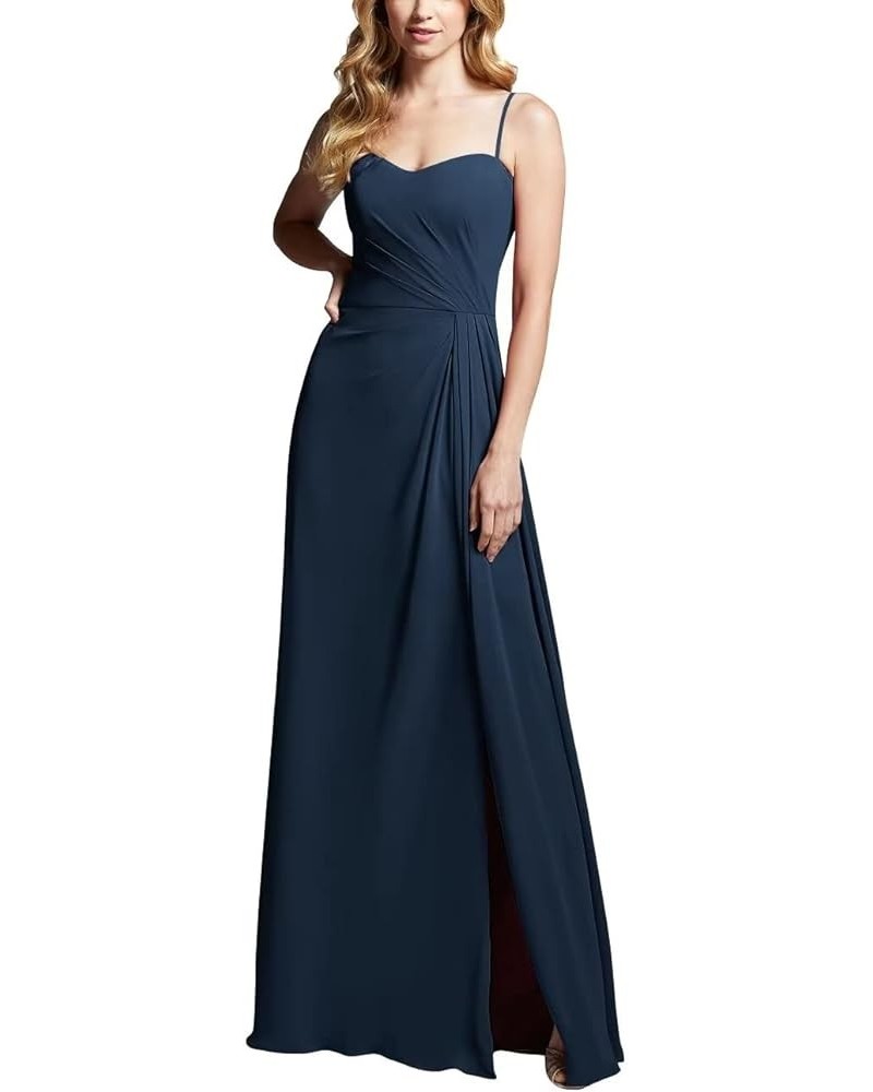 Spaghetti Straps Chiffon Bridesmaid Dresses Long with Slit Pleated A-Line Formal Wear for Women Wedding Party Navy $33.92 Dre...